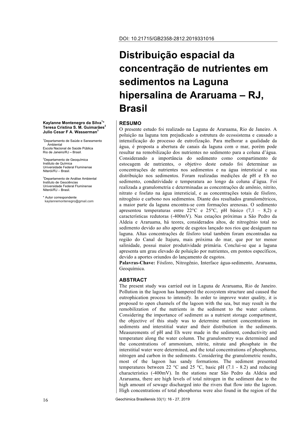 Distribuição Espacial Da Concentração De Nutrientes Em Sedimentos Na Laguna Hipersalina De Araruama – RJ, Brasil