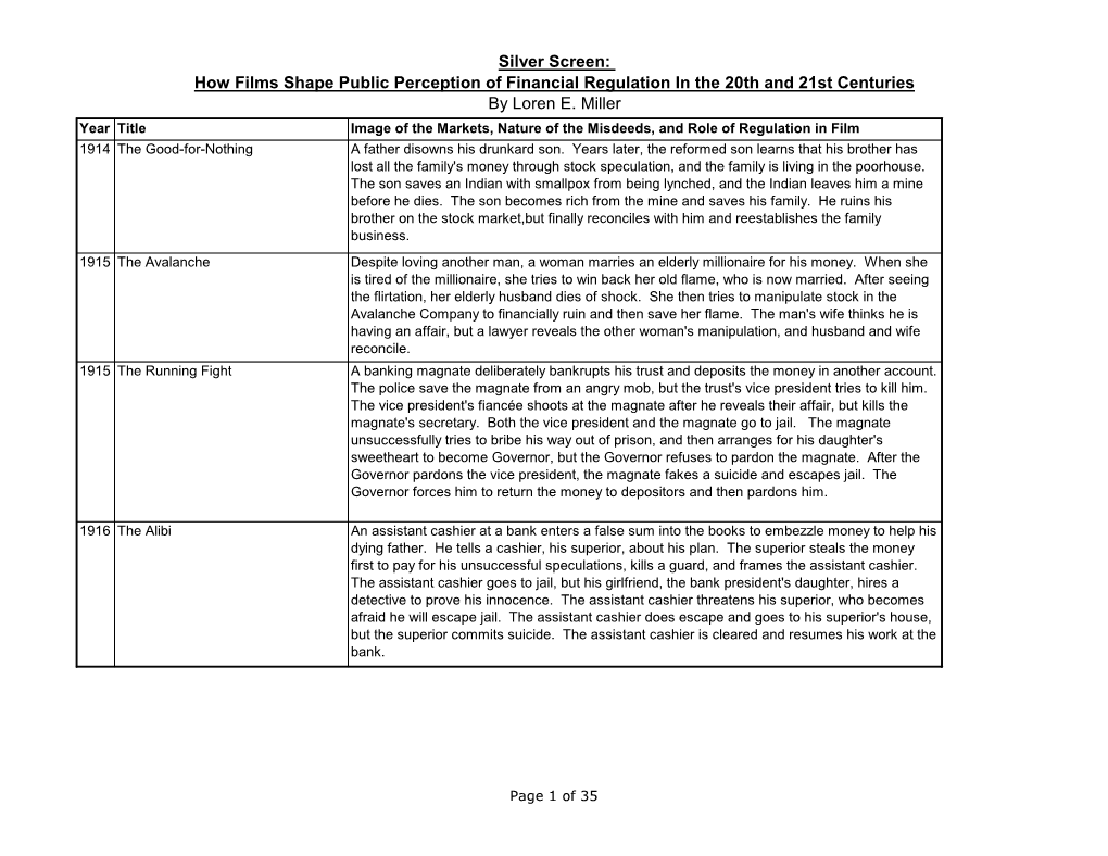 Silver Screen: How Films Shape Public Perception of Financial Regulation in the 20Th and 21St Centuries by Loren E