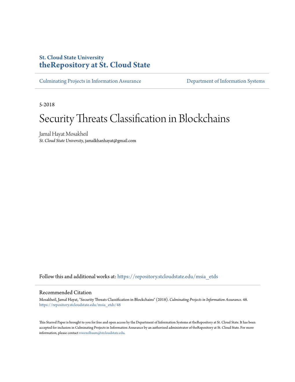 Security Threats Classification in Blockchains Jamal Hayat Mosakheil St