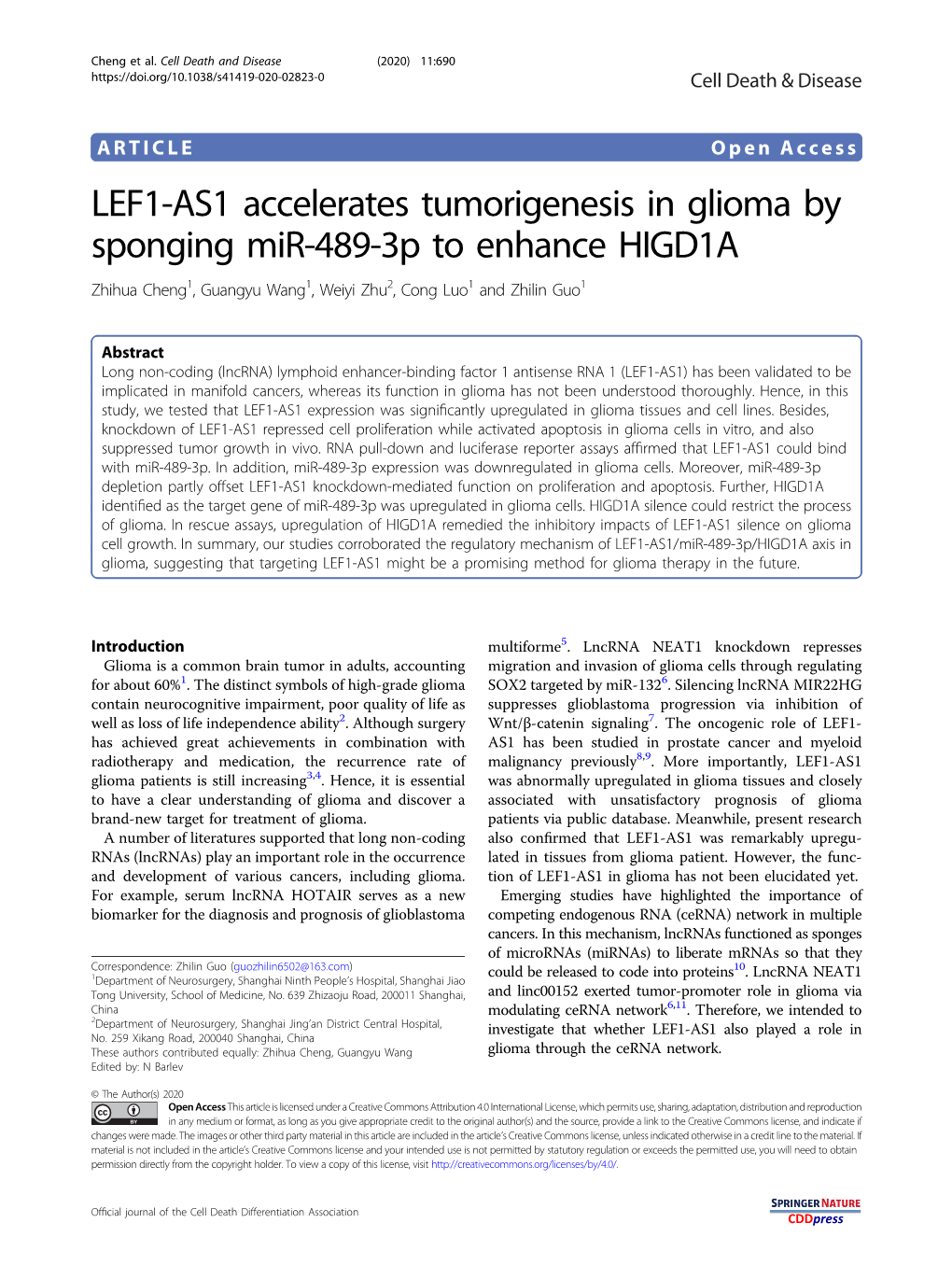 LEF1-AS1 Accelerates Tumorigenesis in Glioma by Sponging Mir-489-3P to Enhance HIGD1A Zhihua Cheng1, Guangyu Wang1,Weiyizhu2, Cong Luo1 and Zhilin Guo1