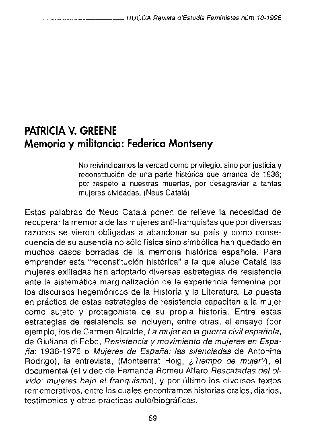 PATRICIA V. GREENE Memoria Y Militancia: Federica Montseny