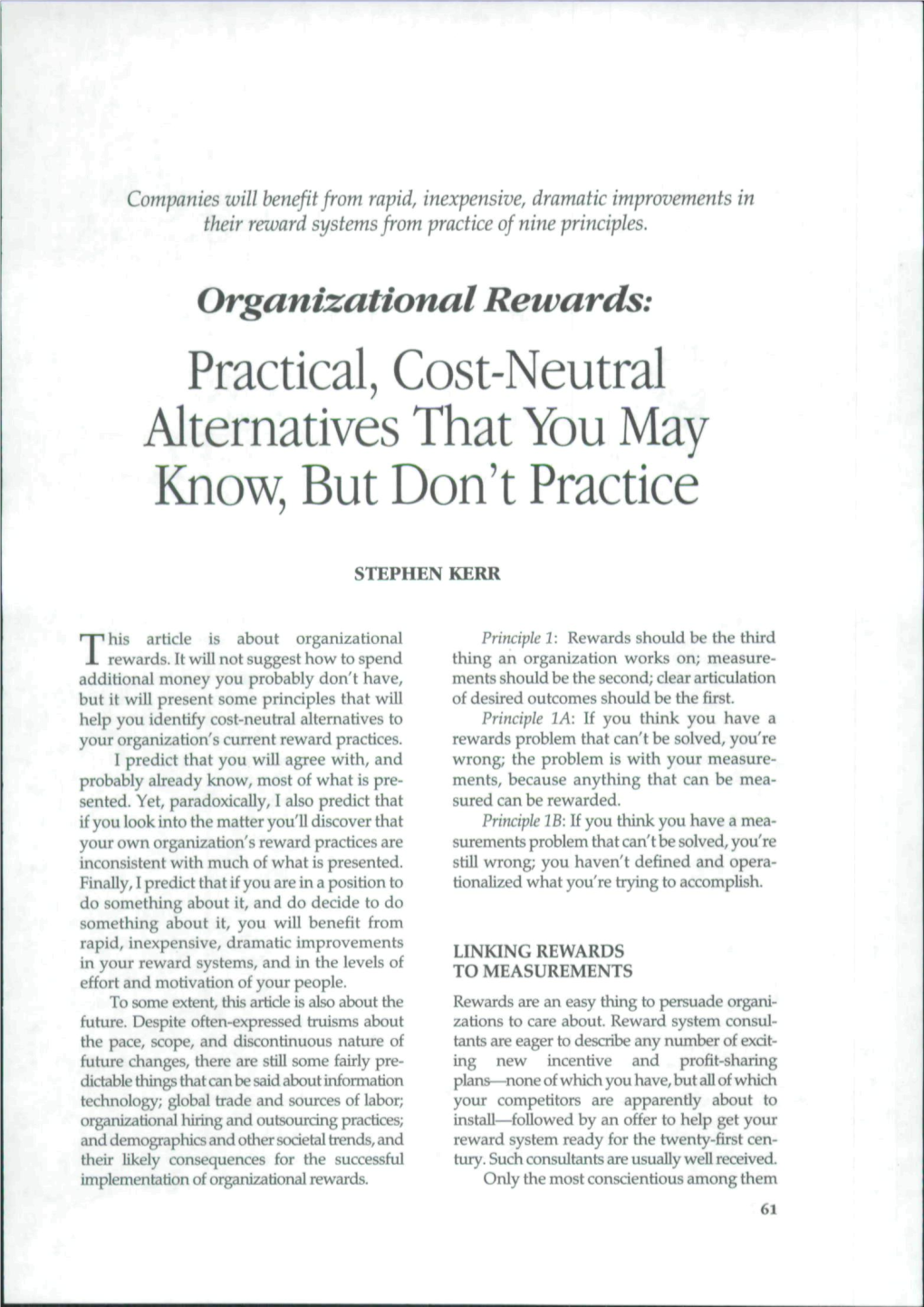Organizational Rewards: Practical, Cost-Neutral Alternatives That You May Know, but Don't Practice