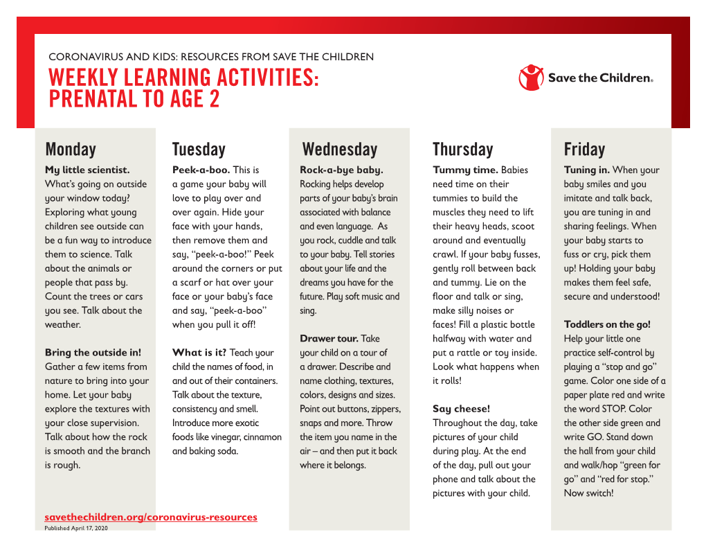 Weekly Learning Activities: Prenatal to Age 2