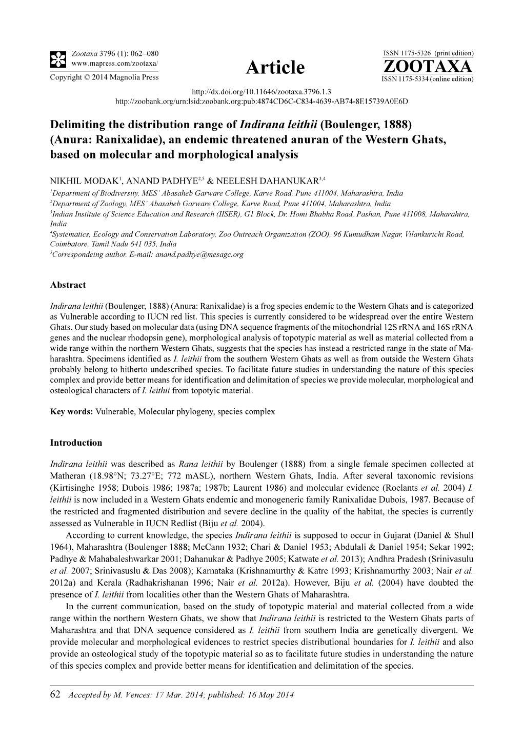 Delimiting the Distribution Range of Indirana Leithii (Boulenger, 1888)