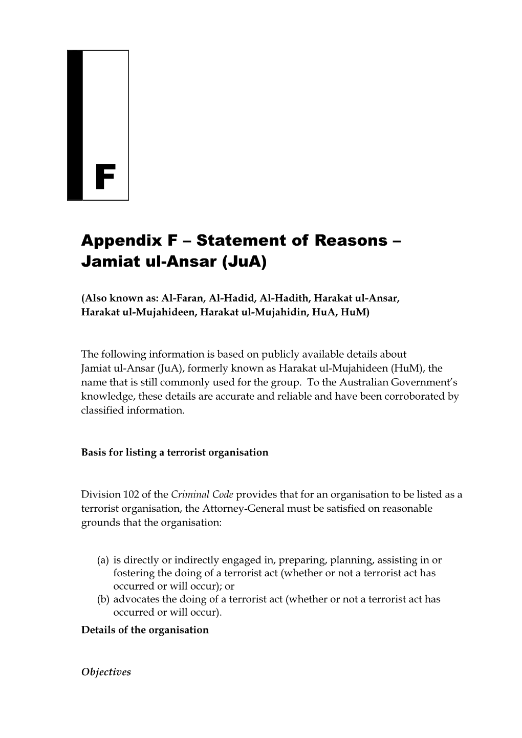Appendix F – Statement of Reasons – Jamiat Ul-Ansar (Jua)