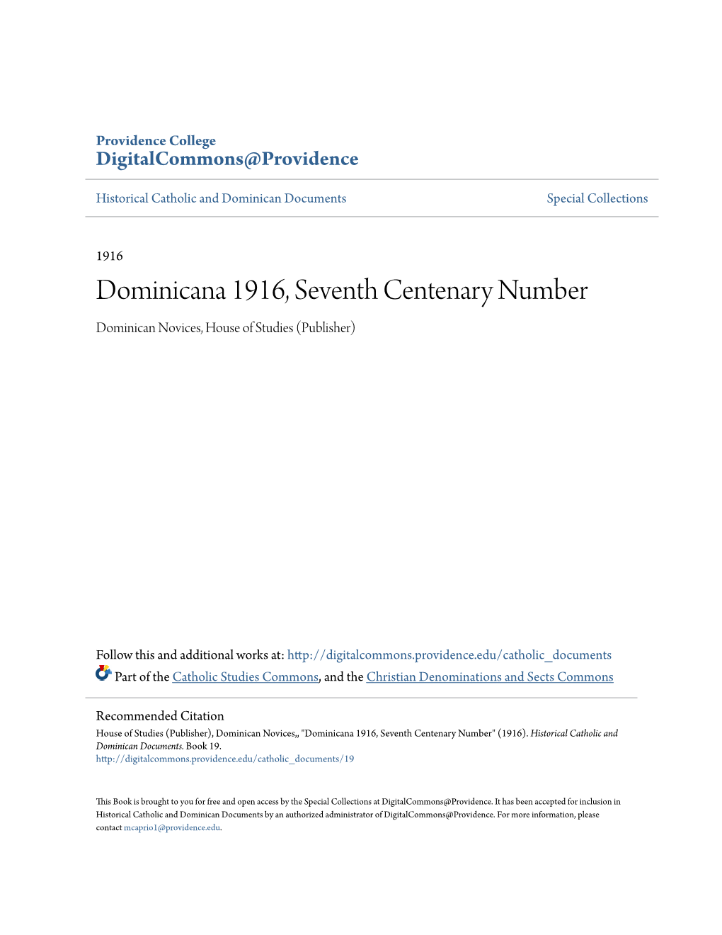Dominicana 1916, Seventh Centenary Number Dominican Novices, House of Studies (Publisher)