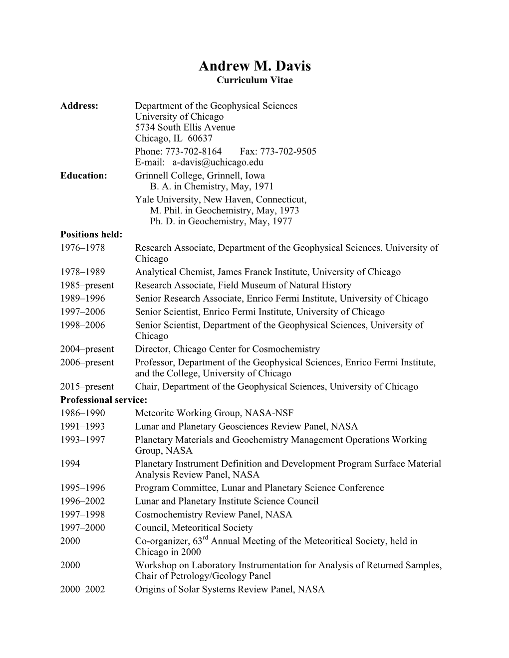 Andrew M. Davis Curriculum Vitae