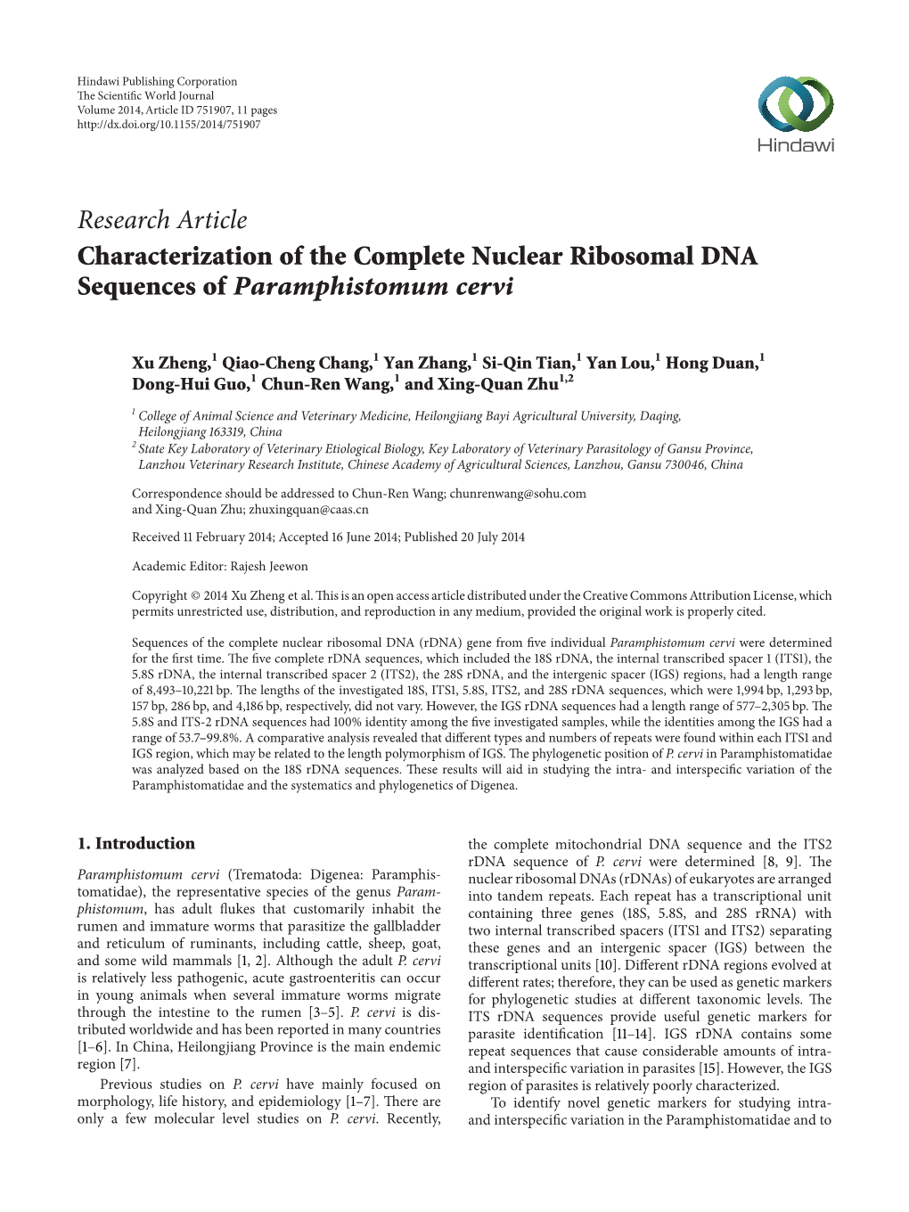 Characterization of the Complete Nuclear Ribosomal DNA Sequences of Paramphistomum Cervi