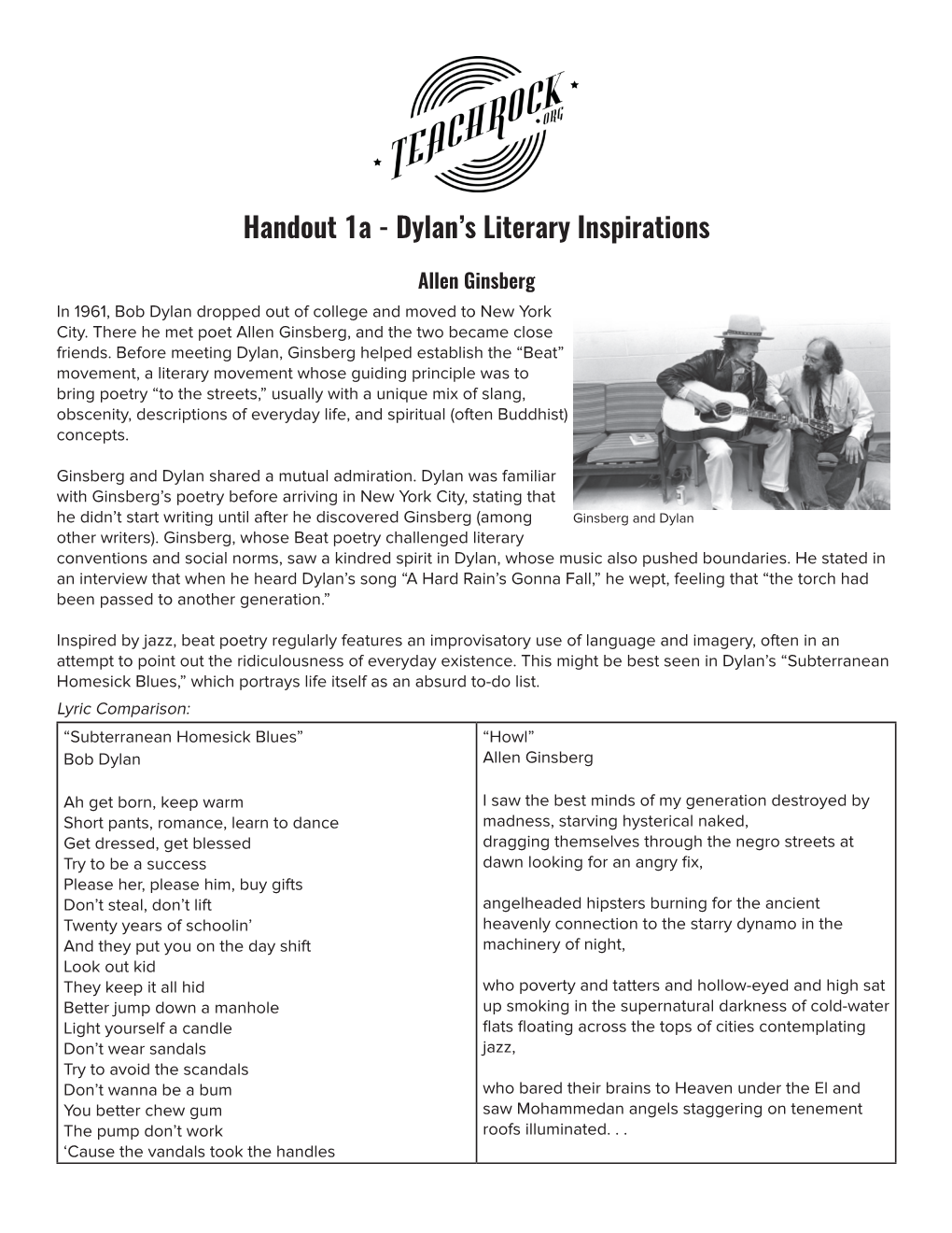 Handout 1A - Dylan’S Literary Inspirations