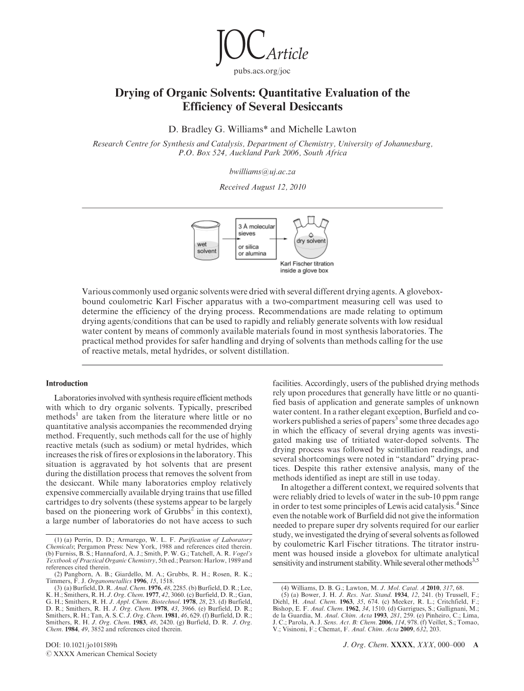 Drying of Organic Solvents: Quantitative Evaluation of the Efficiency of Several Desiccants