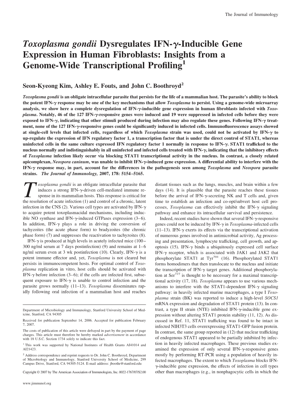 Toxoplasma Gondii Dysregulates IFN-␥-Inducible Gene Expression in Human Fibroblasts: Insights from a Genome-Wide Transcriptional Proﬁling1