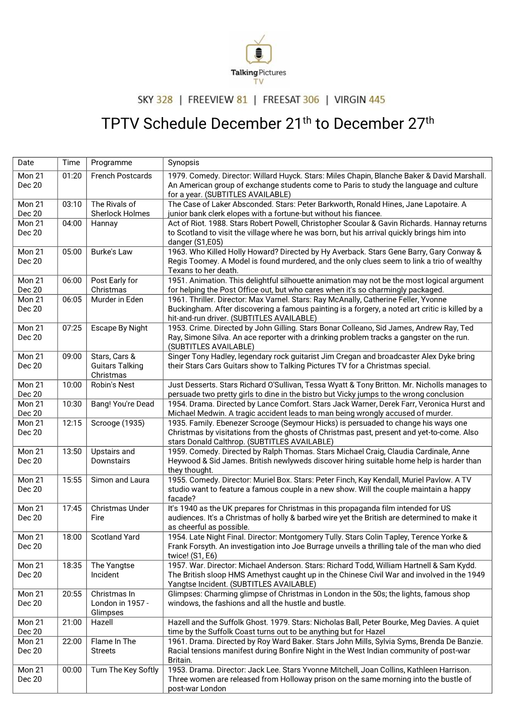 TPTV Schedule December 21Th to December 27Th