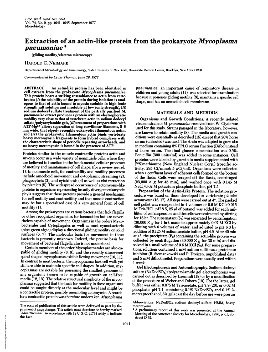 Extraction Ofan Actin-Like Protein from the Prokaryote Mycoplasma