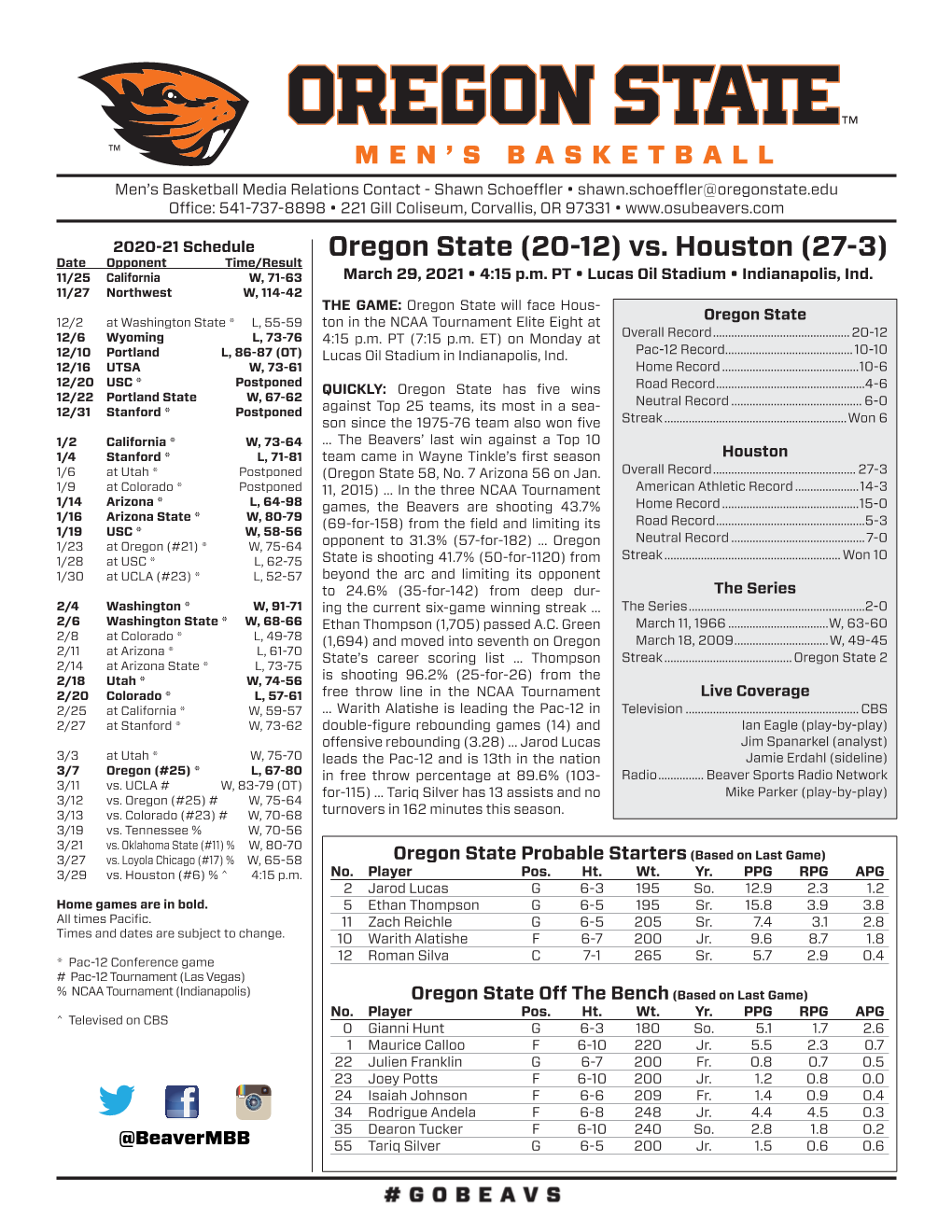 Oregon State (20-12) Vs. Houston (27-3) 11/25 California W, 71-63 March 29, 2021 • 4:15 P.M