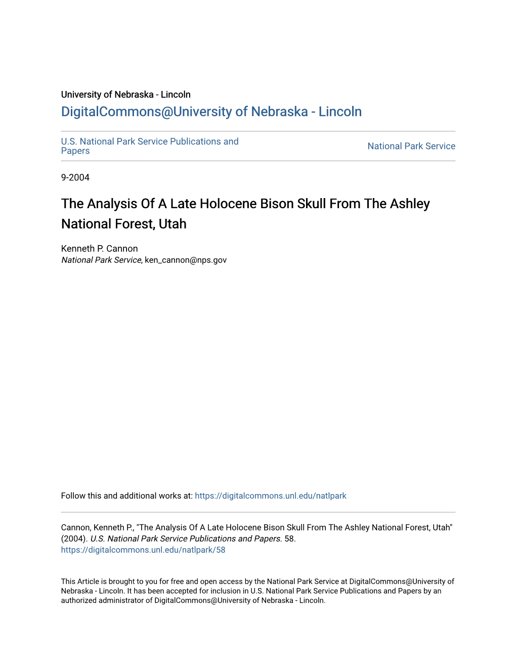 The Analysis of a Late Holocene Bison Skull from the Ashley National Forest, Utah