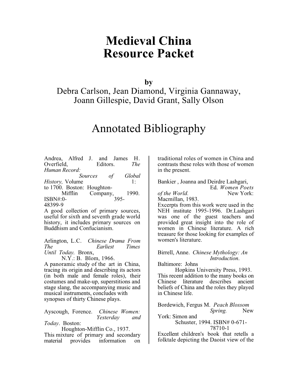 Medieval China Resource Packet