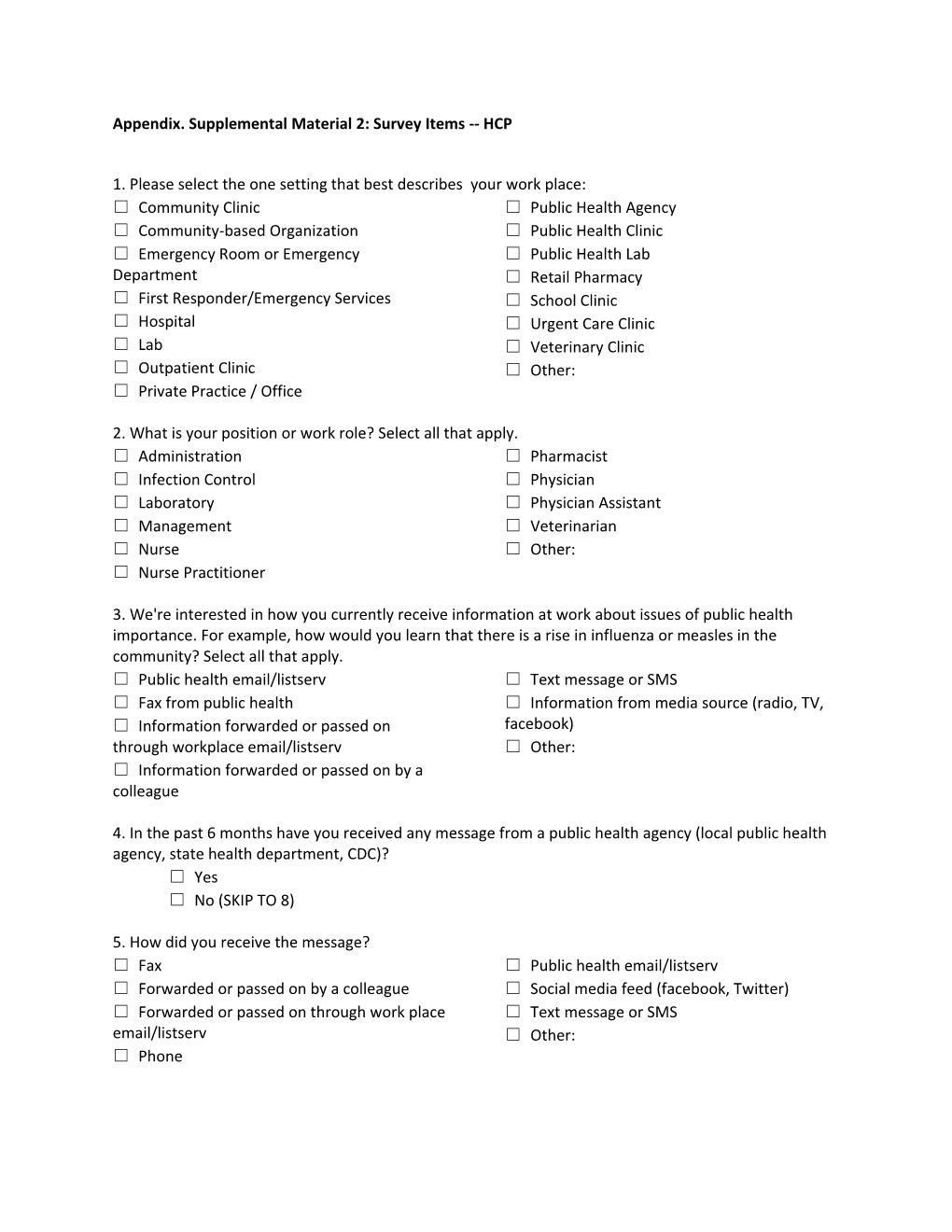 Appendix. Supplemental Material 2: Survey Items HCP