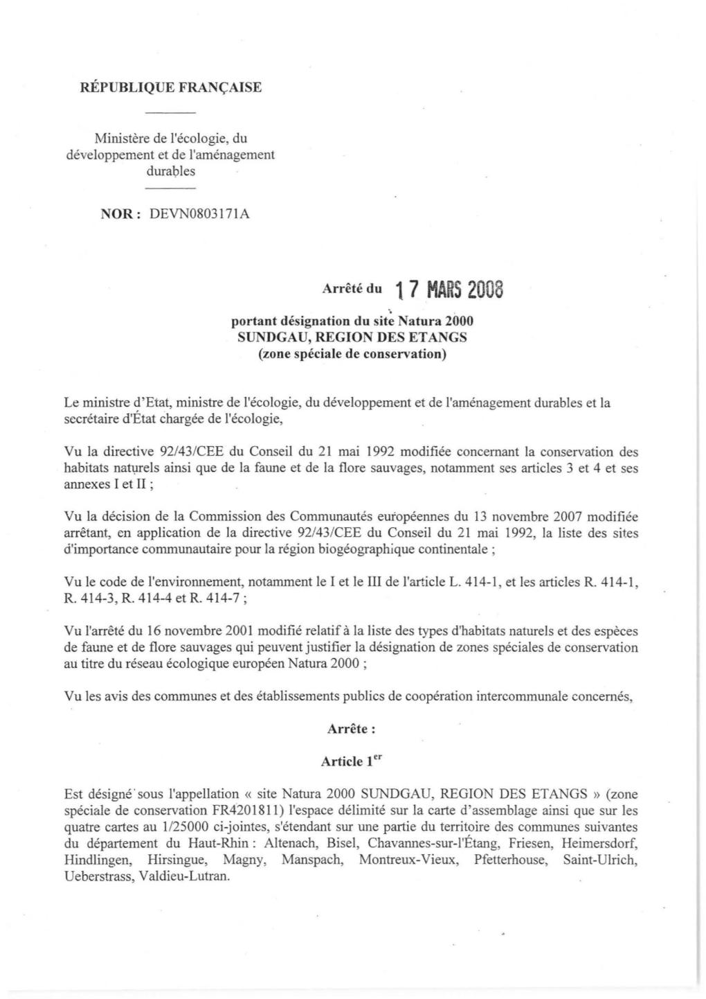 RÉPUBLIQUE FRANÇAISE Ministère De L'écologie, Du