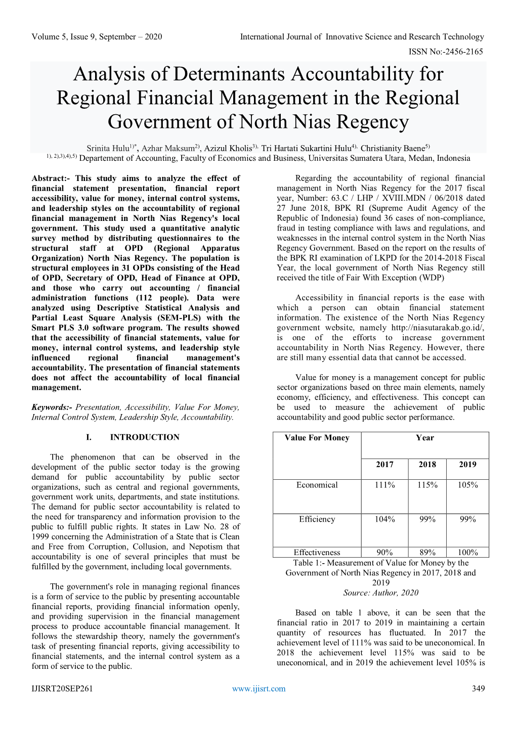 Analysis of Determinants Accountability for Regional Financial Management in the Regional Government of North Nias Regency