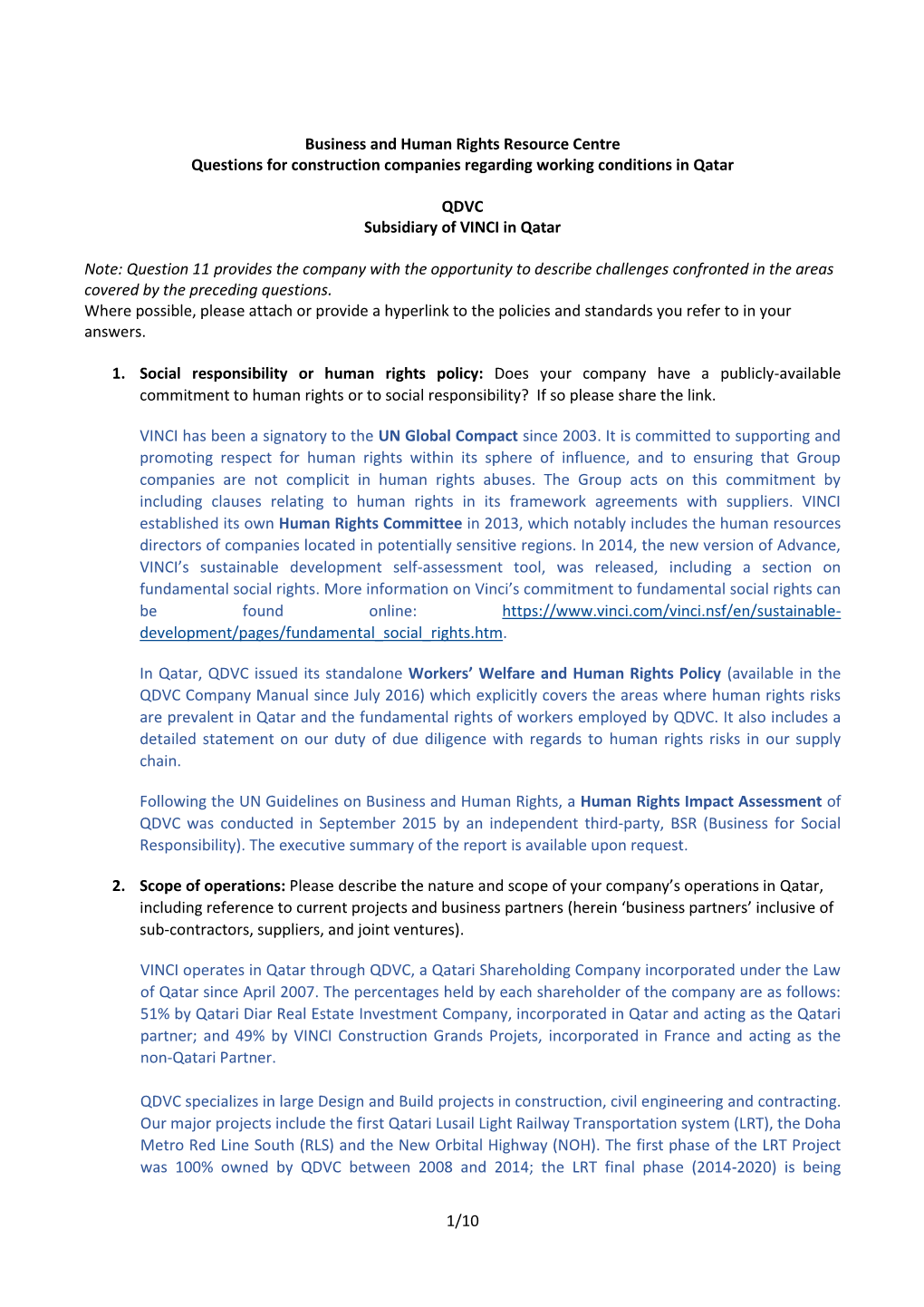 1/10 Business and Human Rights Resource Centre Questions for Construction Companies Regarding Working Conditions in Qatar QDVC