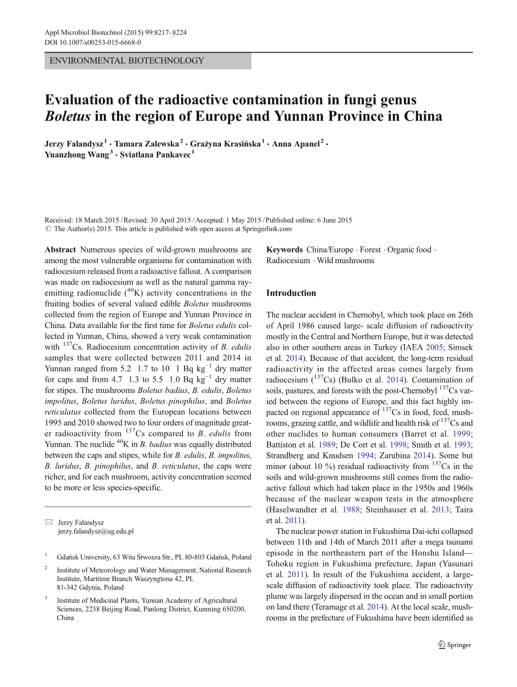 Evaluation of the Radioactive Contamination in Fungi Genus Boletus in the Region of Europe and Yunnan Province in China