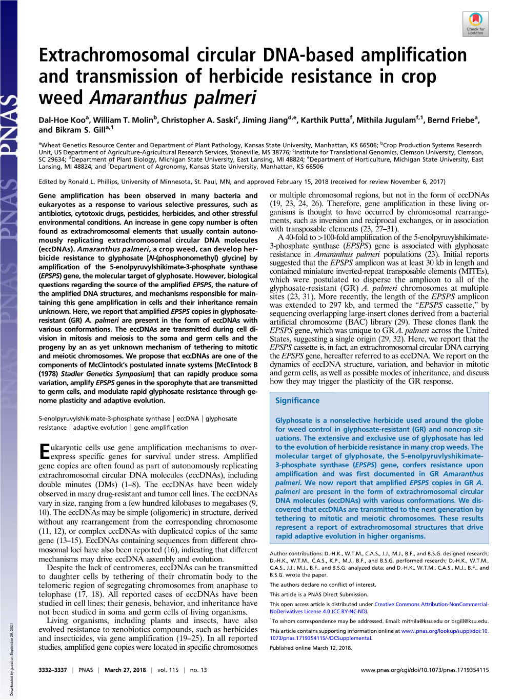 Extrachromosomal Circular DNA-Based Amplification and Transmission of Herbicide Resistance in Crop Weed Amaranthus Palmeri