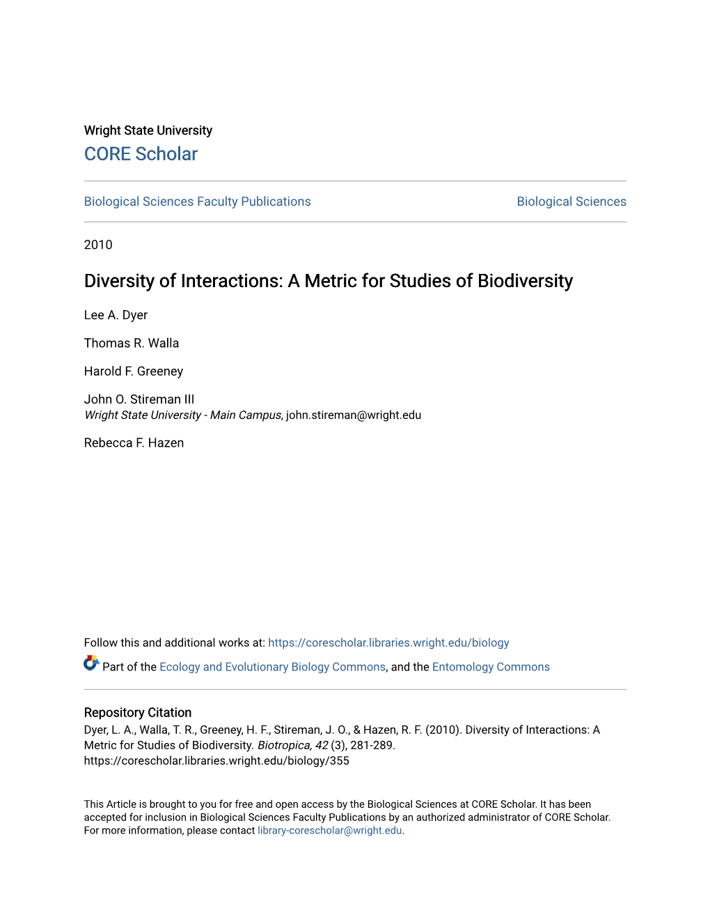 Diversity of Interactions: a Metric for Studies of Biodiversity