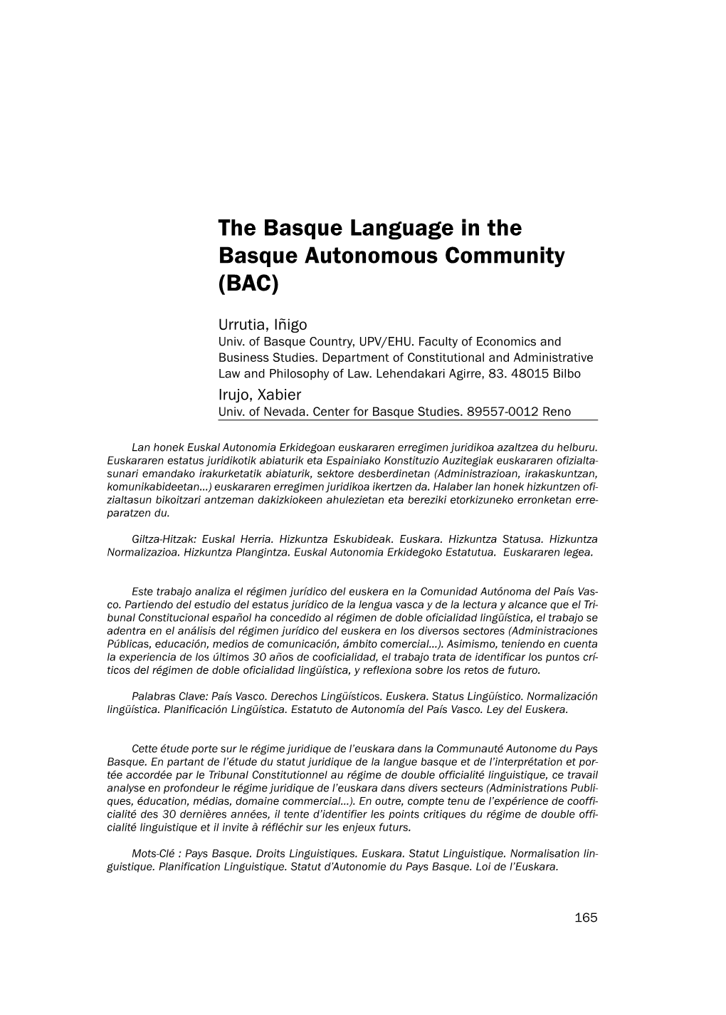 The Basque Language in the Basque Autonomous Community (BAC)