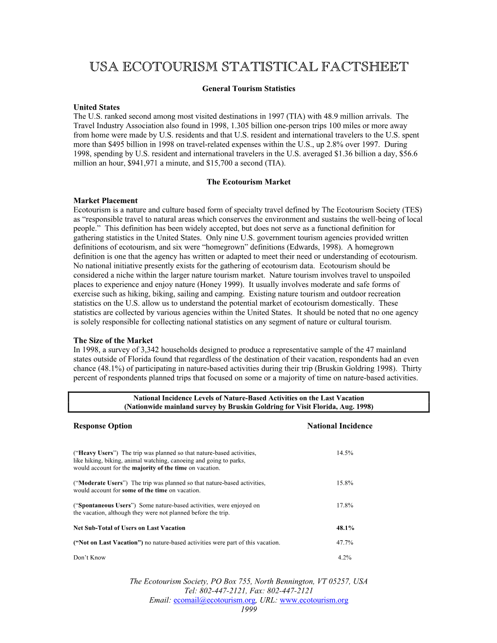 Usa Ecotourism Statistical Factsheet