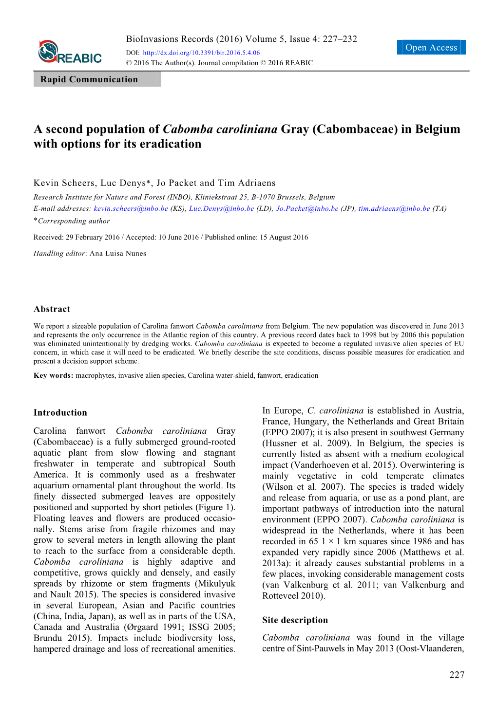 A Second Population of Cabomba Caroliniana Gray (Cabombaceae) in Belgium with Options for Its Eradication