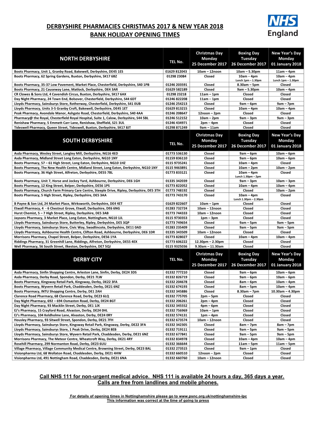 Derbyshire Pharmacies Christmas 2017 & New Year