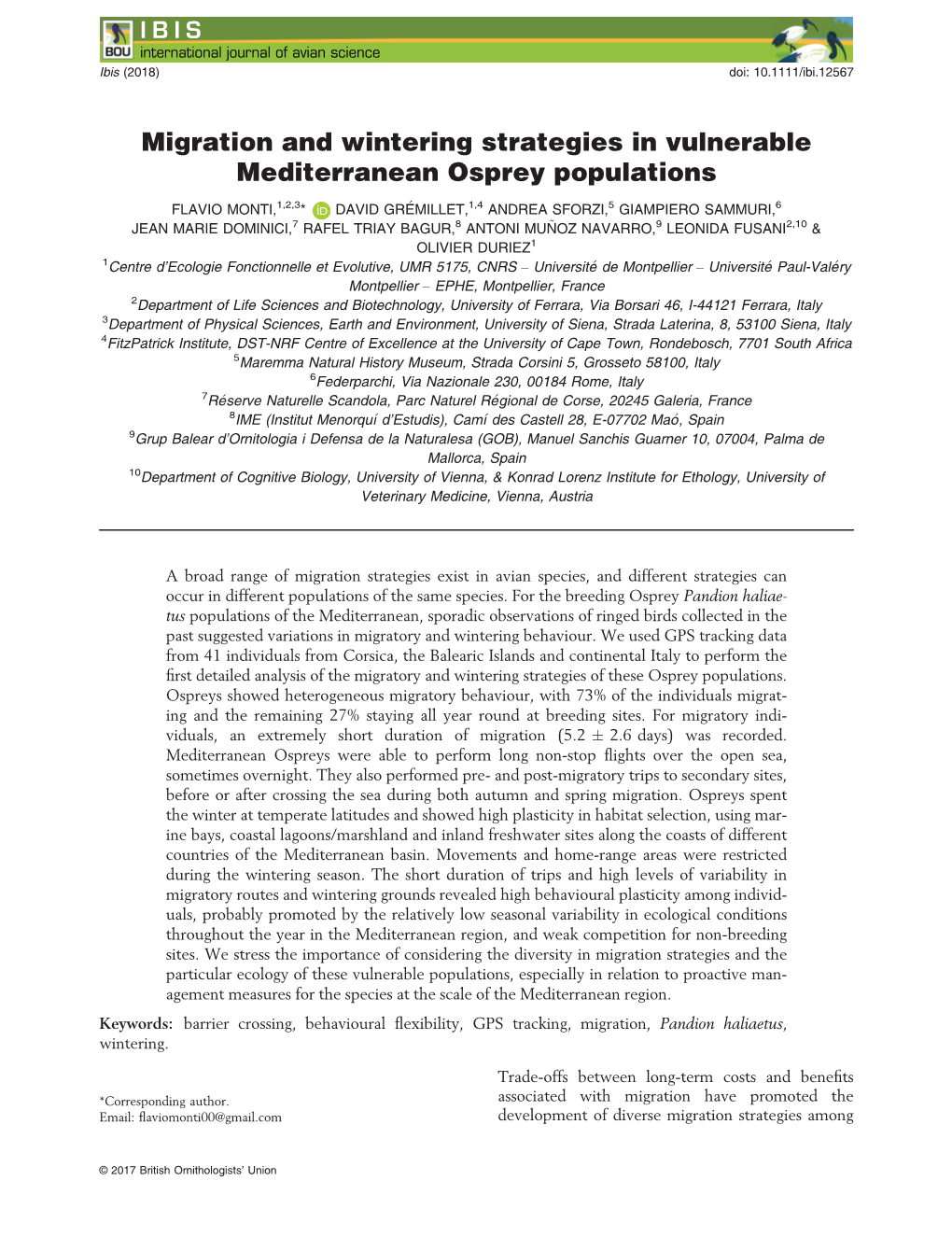 Migration and Wintering Strategies in Vulnerable Mediterranean Osprey Populations