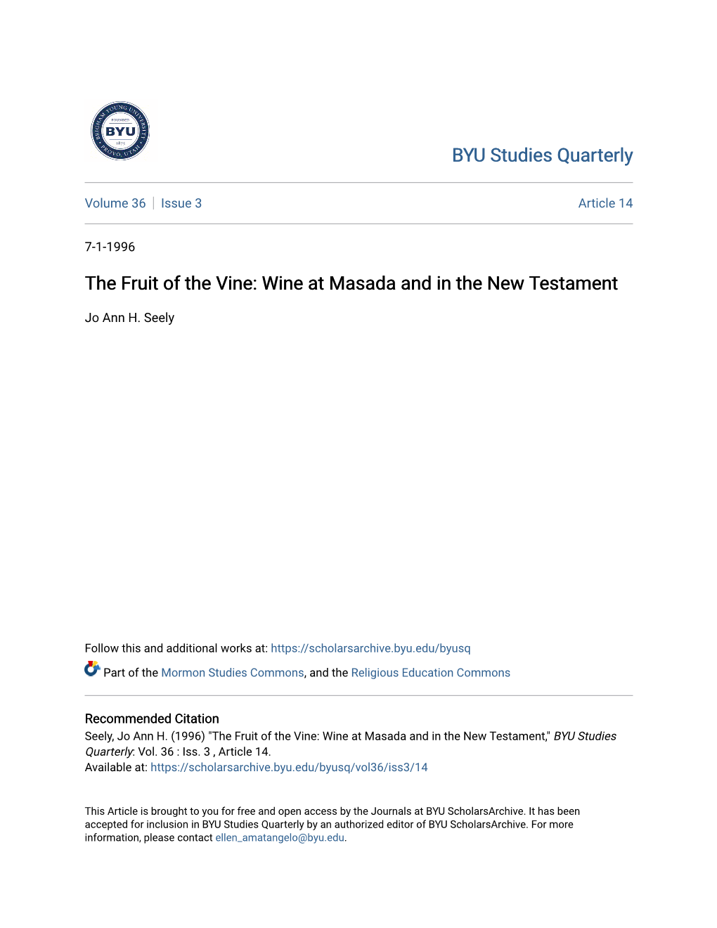 The Fruit of the Vine: Wine at Masada and in the New Testament