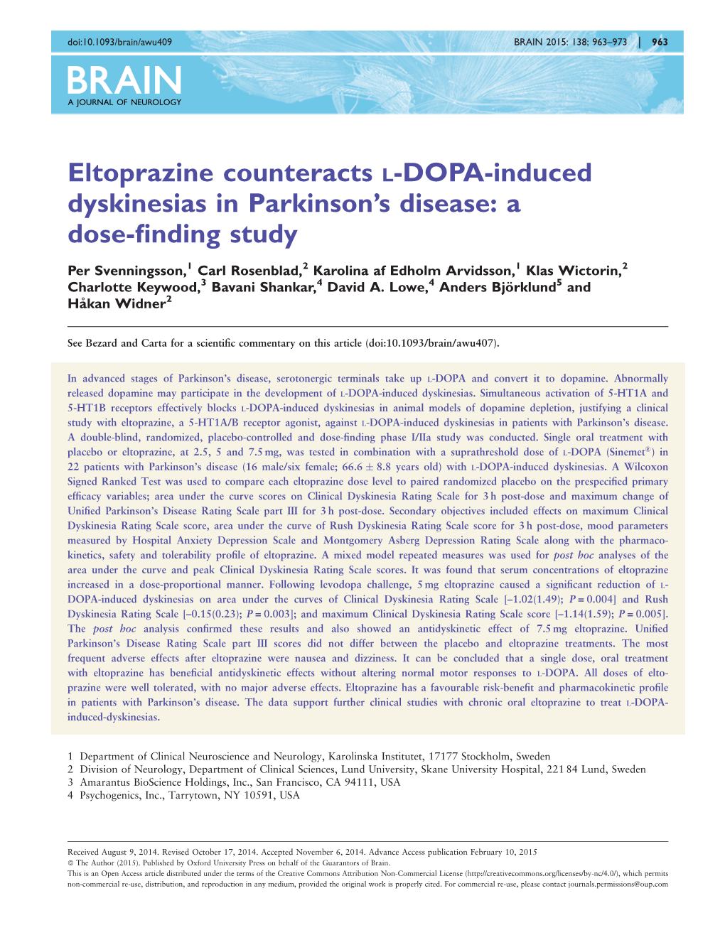 Eltoprazine Counteracts L-DOPA-Induced Dyskinesias in Parkinson's Disease