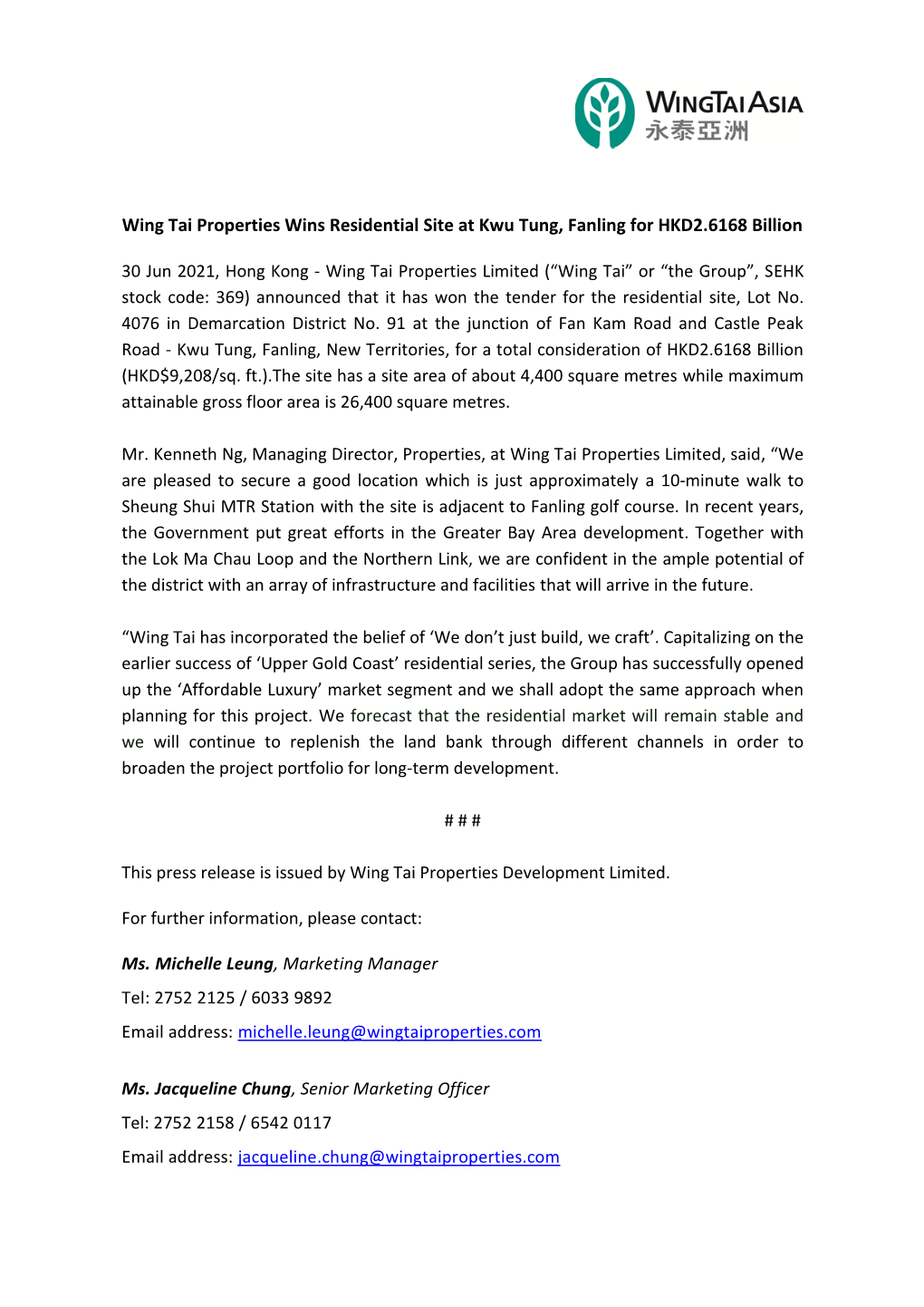 Wing Tai Properties Wins Residential Site at Kwu Tung, Fanling for HKD2.6168 Billion