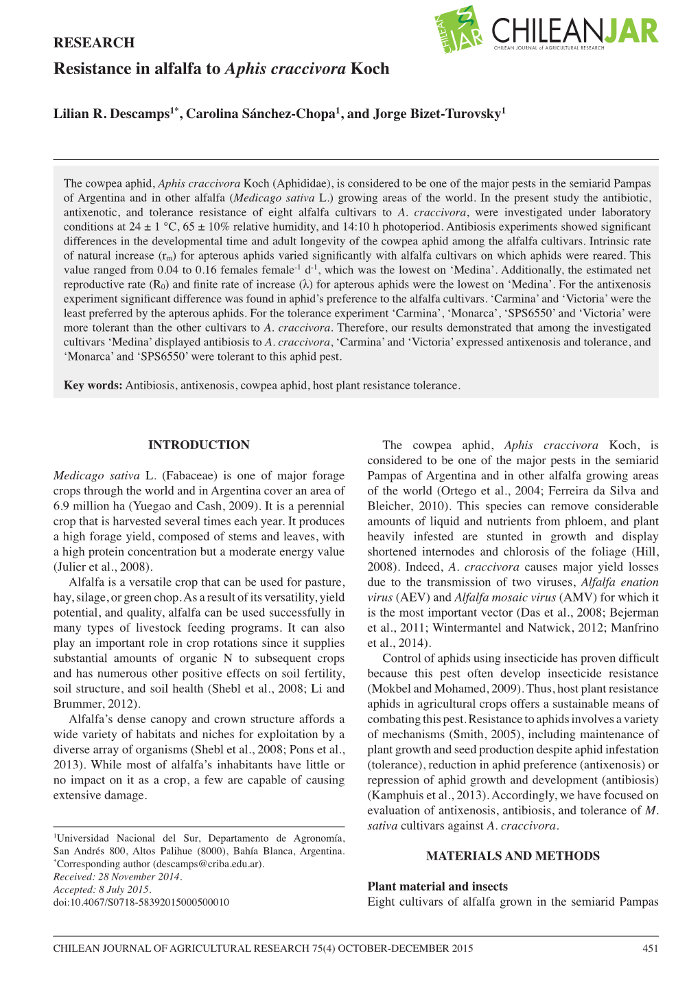 RESEARCH Resistance in Alfalfa to Aphis Craccivora Koch