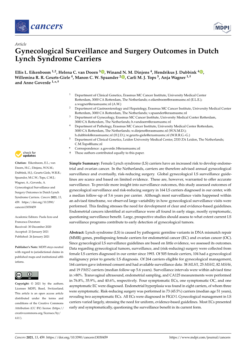 Gynecological Surveillance and Surgery Outcomes in Dutch Lynch Syndrome Carriers