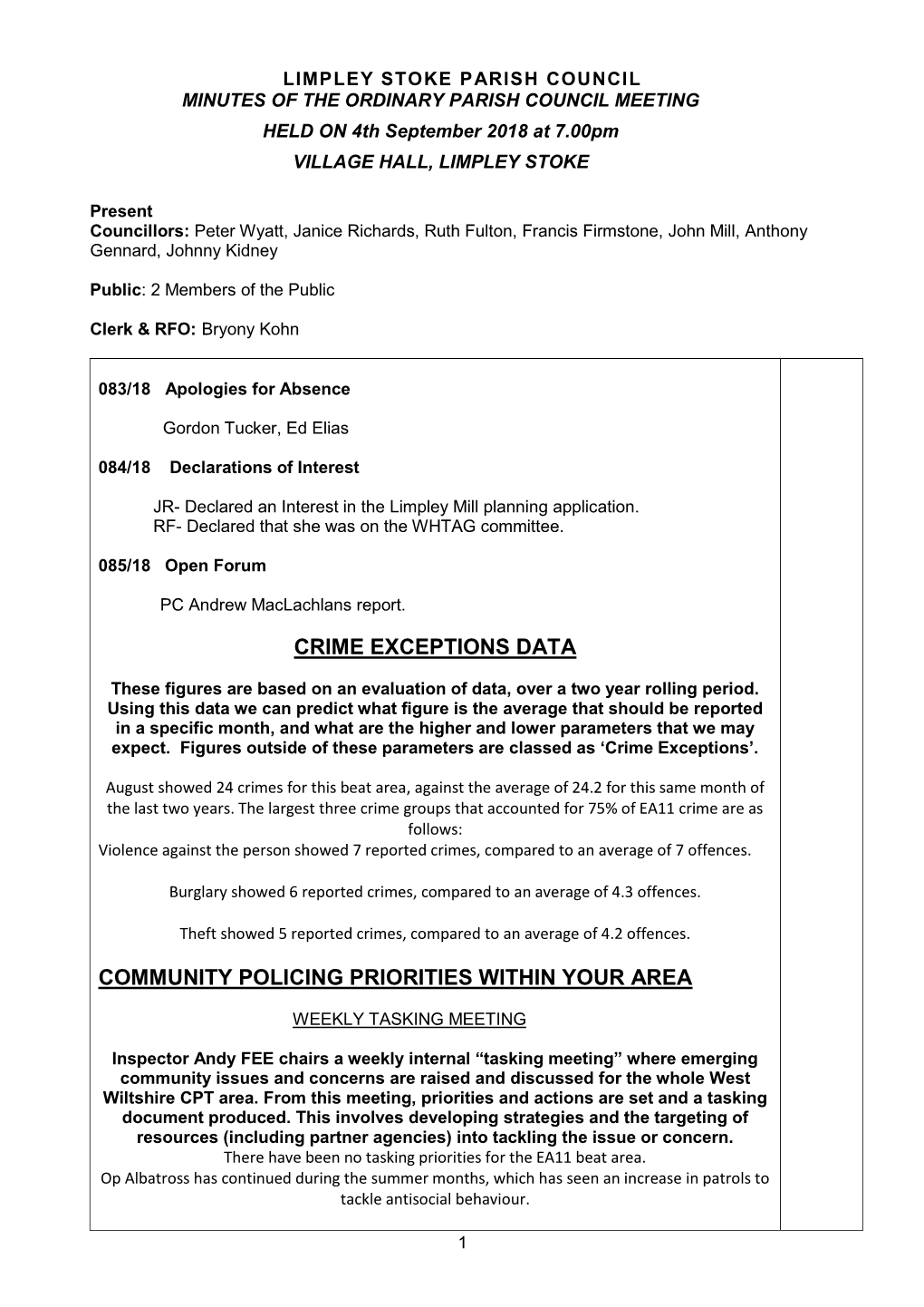 LIMPLEY STOKE PARISH COUNCIL MINUTES of the ORDINARY PARISH COUNCIL MEETING HELD on 4Th September 2018 at 7.00Pm VILLAGE HALL, LIMPLEY STOKE