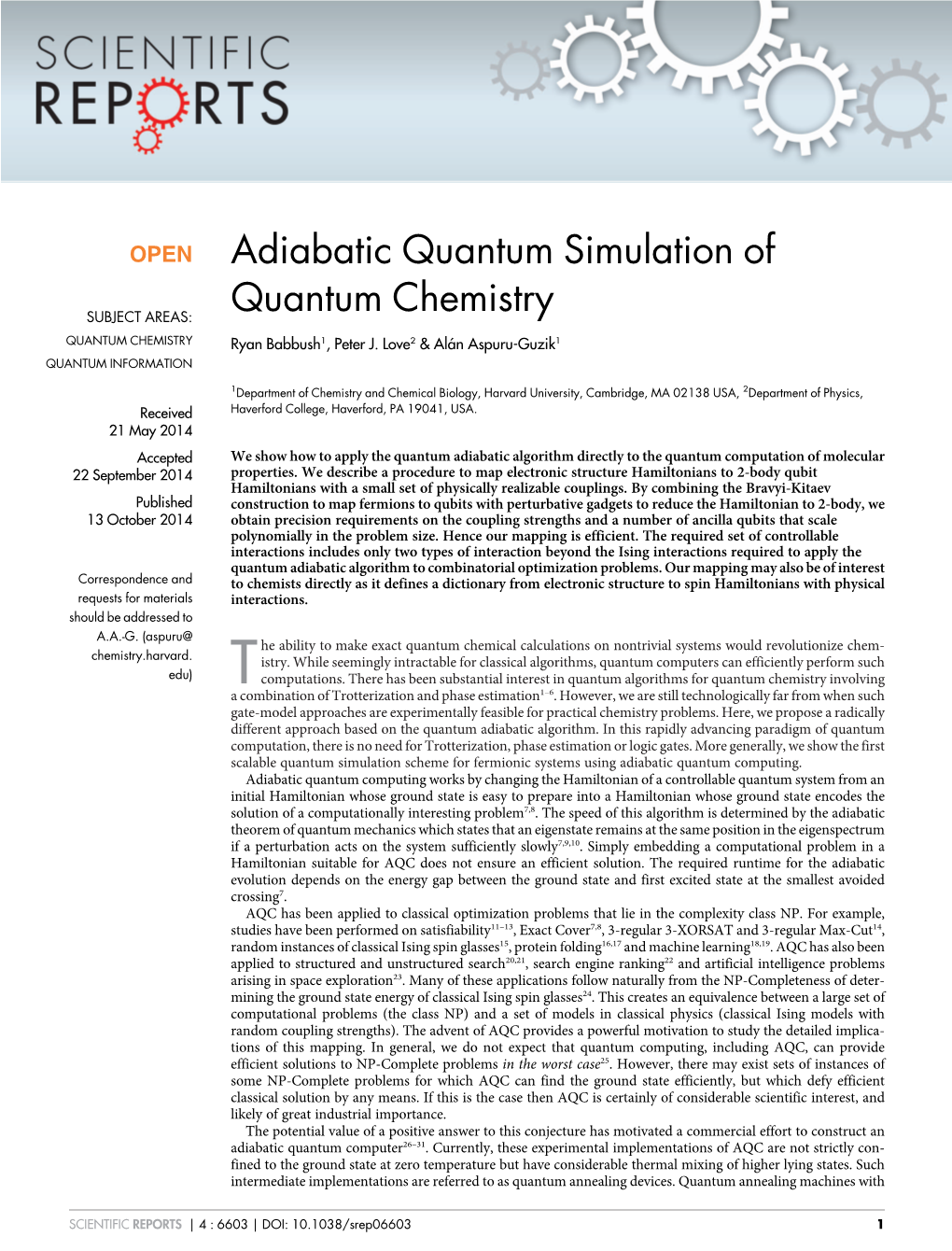 Adiabatic Quantum Simulation of Quantum Chemistry