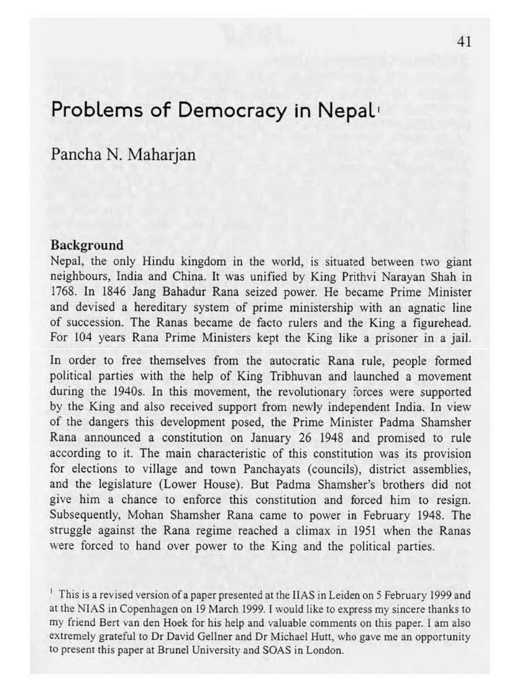 Problems of Democracy in Nepal '