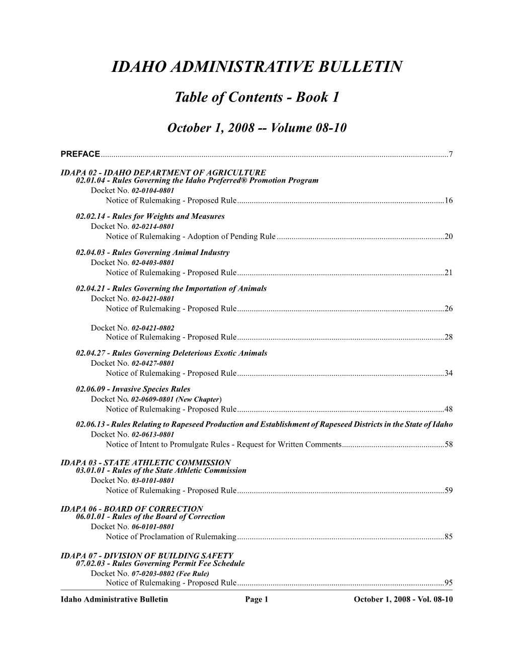 Idaho Administrative Bulletin, Volume 08-10, October 1, 2008-Vol 1