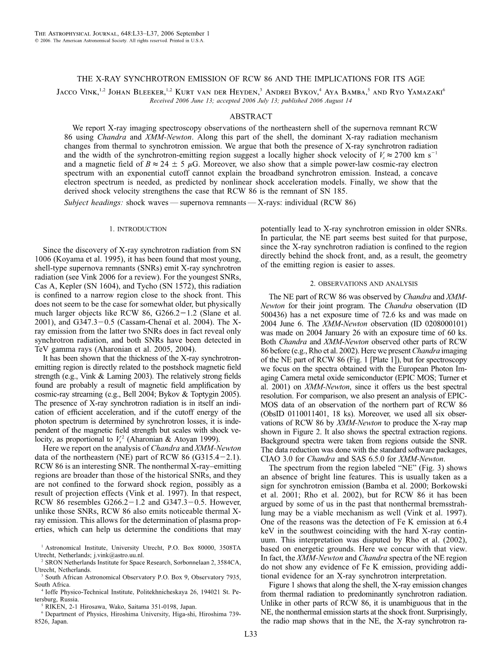 L33 the X-Ray Synchrotron Emission of Rcw 86 and The