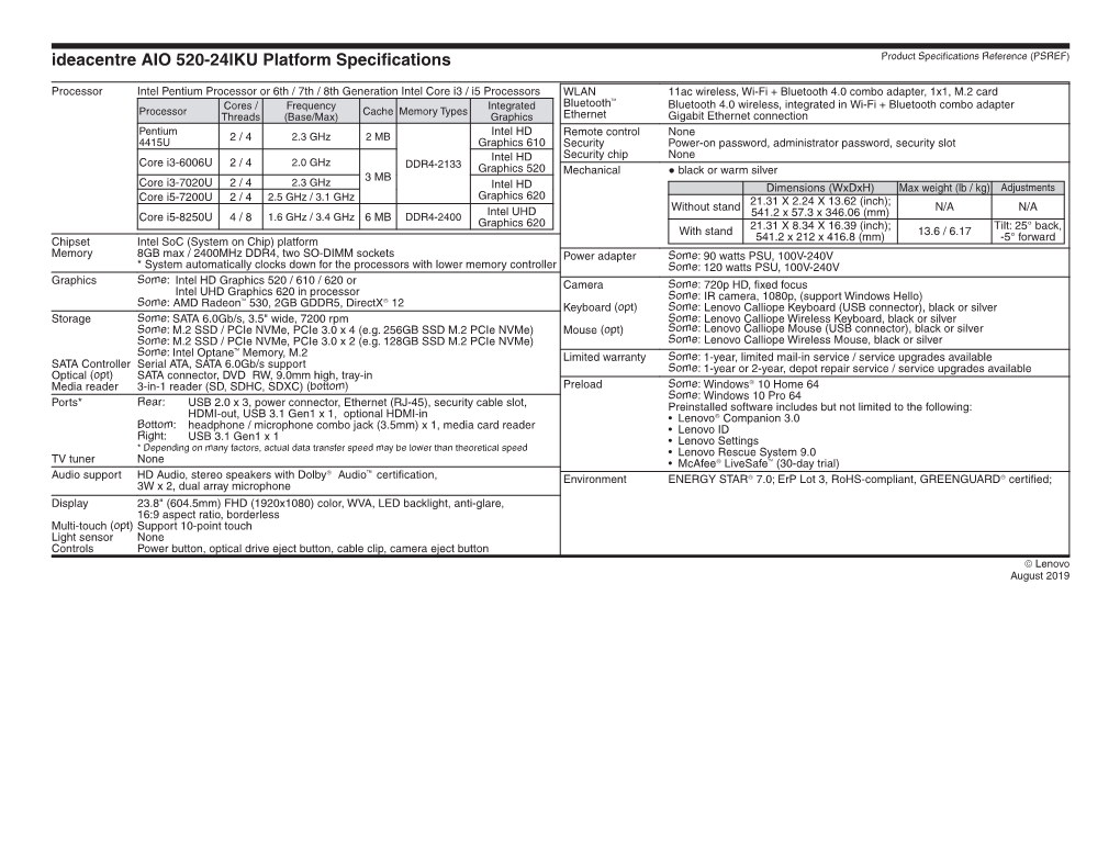 Ideacentre AIO 520-24Lku Platform Specifications Product Specifications Reference (PSREF)