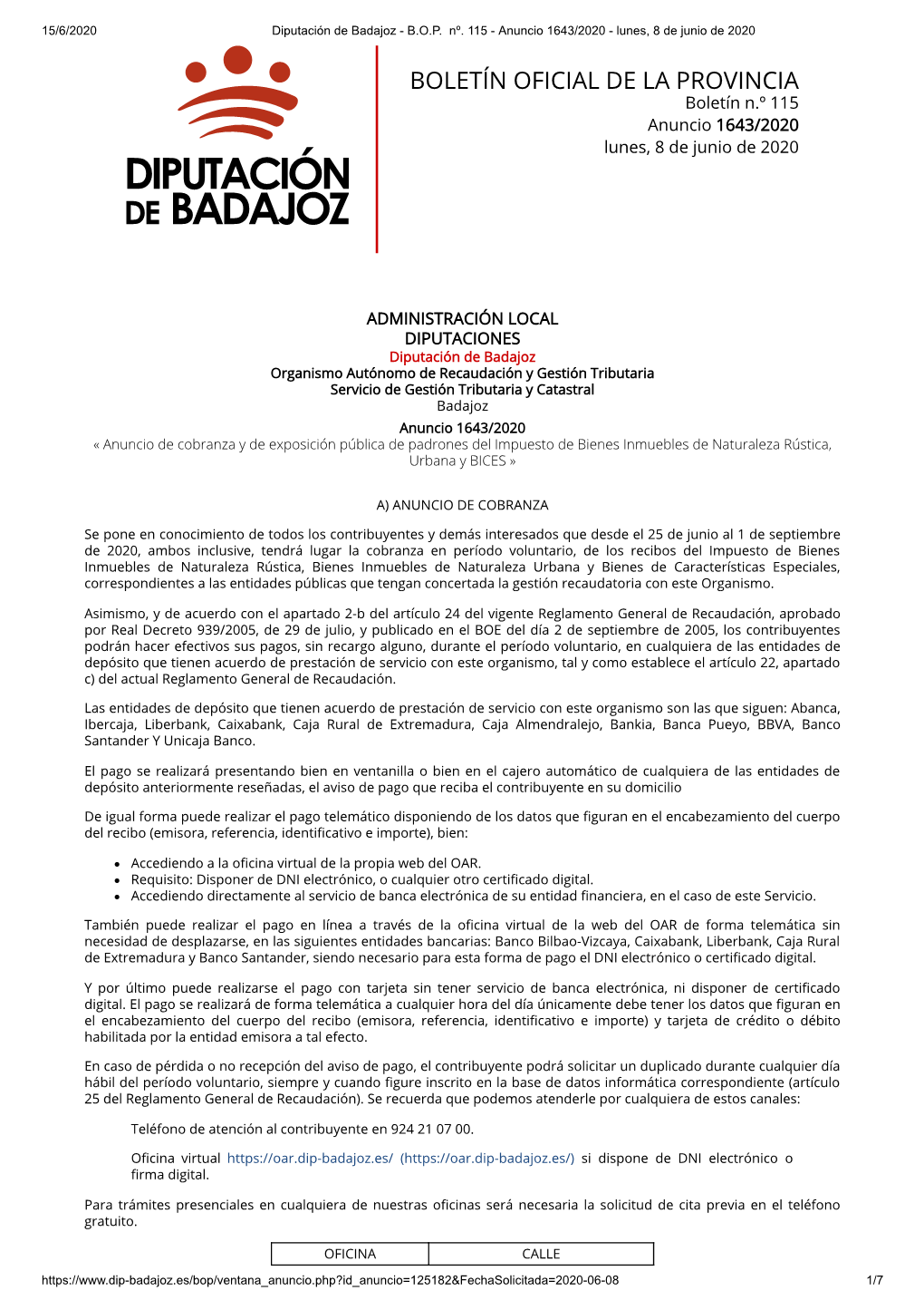 BOLETÍN OFICIAL DE LA PROVINCIA Boletín N.º 115 Anuncio 1643/2020 Lunes, 8 De Junio De 2020