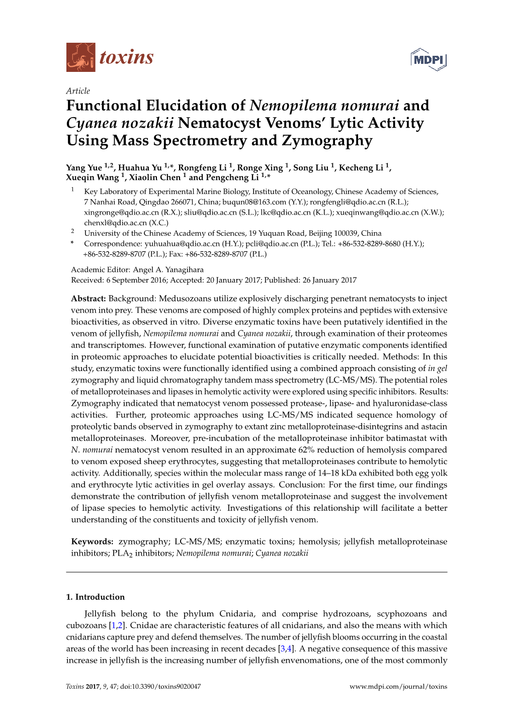 Functional Elucidation of Nemopilema Nomurai and Cyanea Nozakii Nematocyst Venoms’ Lytic Activity Using Mass Spectrometry and Zymography