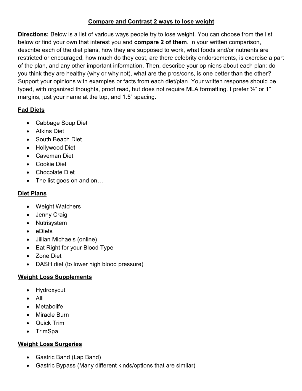 Compare and Contrast 2 Ways to Lose Weight Directions