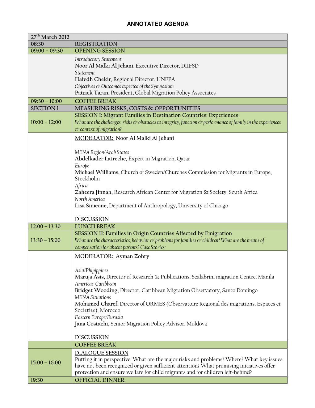 ANNOTATED AGENDA 27Th March 2012 08:30 REGISTRATION 09:00