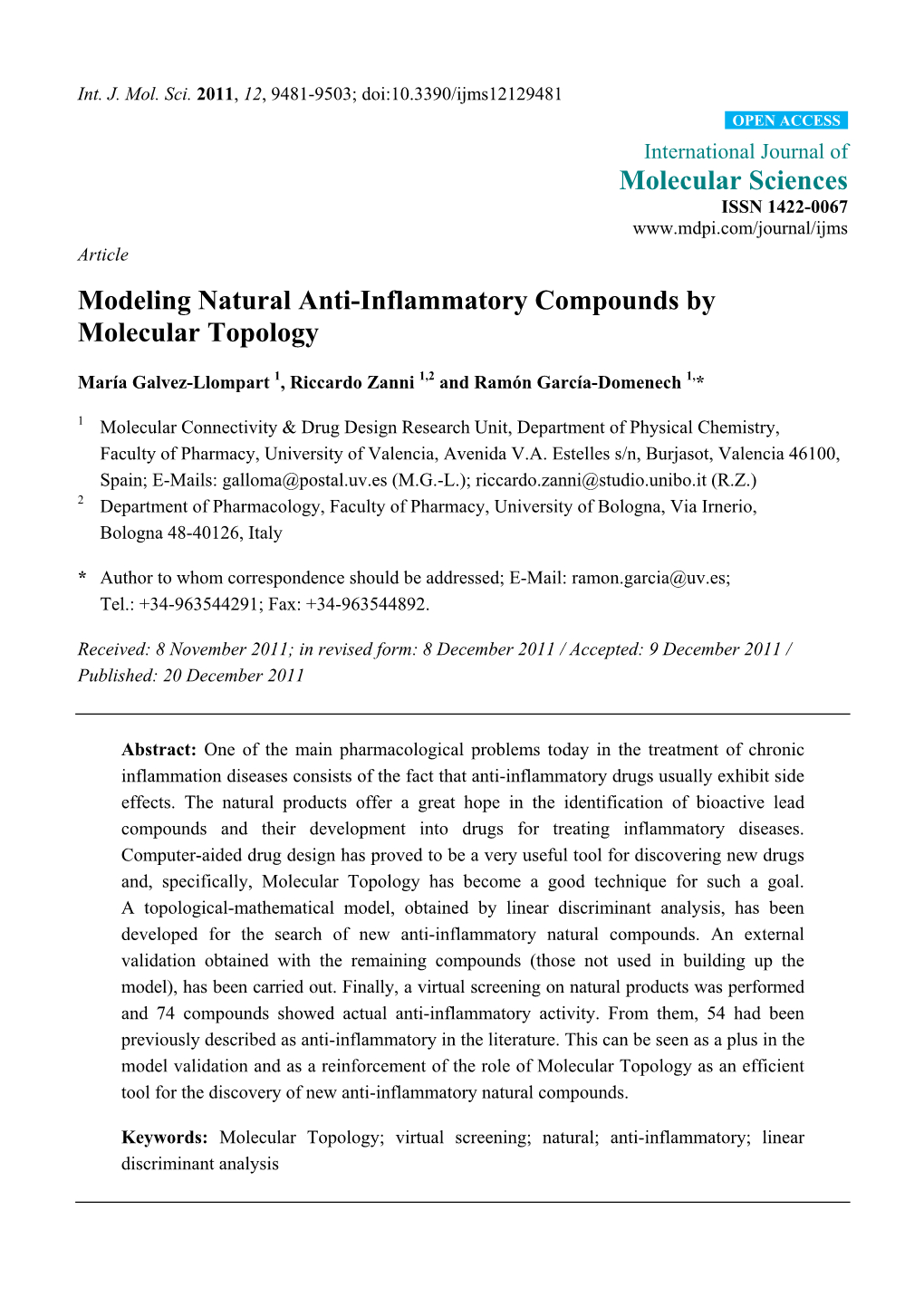 Modeling Natural Anti-Inflammatory Compounds by Molecular Topology