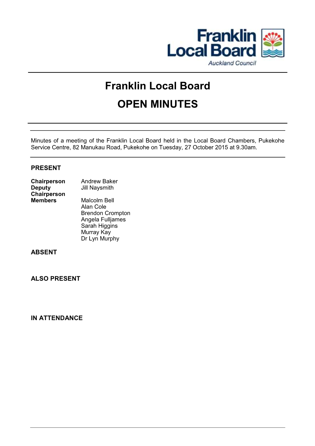 Franklin Local Board OPEN MINUTES