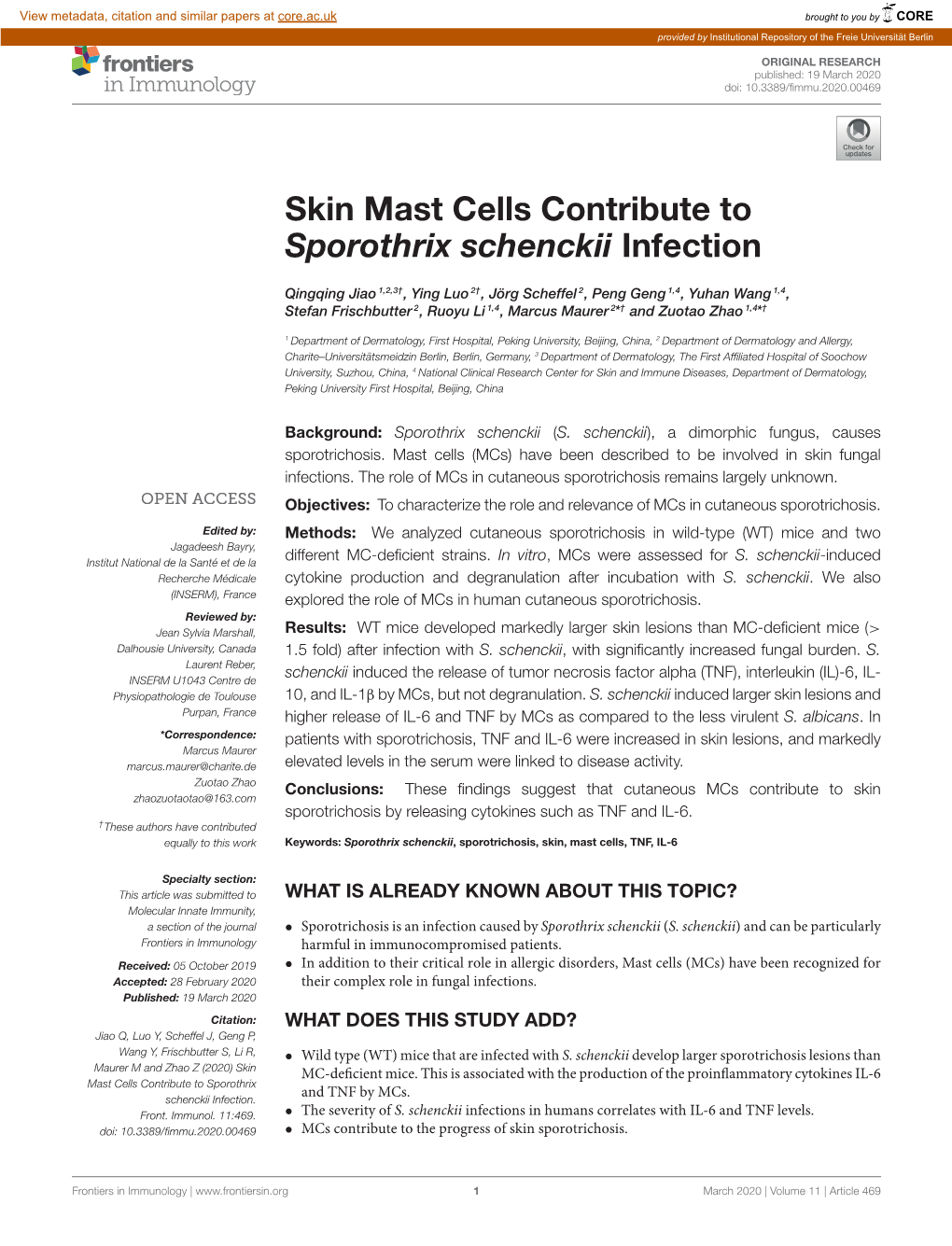 Skin Mast Cells Contribute to Sporothrix Schenckii Infection